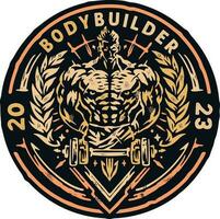 une logo pour une bodybuilder avec une or cercle et une homme avec une haltère vecteur