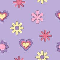 violet sans couture modèle dans Années 90 , années 2000 style. brillant vecteur fond d'écran avec positif rétro fleurs et cœurs