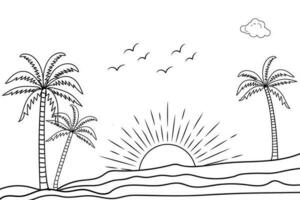 été le coucher du soleil tropical plage ligne art vecteur illustration, main tiré le coucher du soleil et lever du soleil contour paysage tropical plage, paume arbre avec le coucher du soleil vagues la nature voir, des gamins dessin plage coloration pages