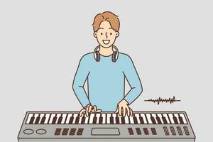 content Jeune homme en jouant sur synthétiseur. souriant gars dans écouteurs prendre plaisir la musique préforme en utilisant musical instrument. loisir et divertissement. vecteur illustration.