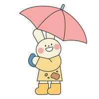 pluvieux journée. une lapin dans une imperméable est en portant un parapluie et souriant. Facile illustration avec grandes lignes. vecteur