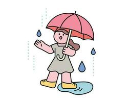 pluie journée. une fille est vérification le pluie avec sa main en dessous de un parapluie. une mignonne et Facile illustration avec une épais contour. vecteur