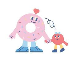 mignonne forme personnages. une mère Donut figure et une enfant prototype sont en portant mains et à la recherche à chaque autre. vecteur