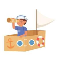 enfant en jouant avec papier carton bateau dessin animé vecteur