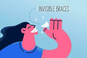 souriant femme tenir invisible un appareil dentaire pour dentaire traitement dans soins bucco-dentaires clinique. content femelle client bien invisalign système résultat pour les dents correction. dentisterie et orthodontie. vecteur illustration.