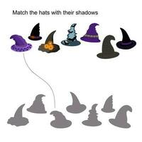 Halloween sorcière Chapeaux et leur ombres correspondant à jeu, des gamins Activités imprimable feuille de travail, éducatif puzzle vecteur illustrati