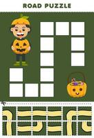 éducation Jeu pour les enfants route puzzle Aidez-moi citrouille garçon bouge toi à le citrouille seau imprimable Halloween feuille de travail vecteur