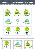 éducation Jeu pour les enfants à choisir et Achevée le correct image de une mignonne dessin animé extraterrestre ou OVNI imprimable solaire système feuille de travail vecteur