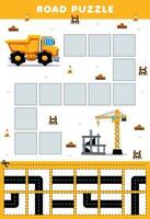 éducation Jeu pour les enfants route puzzle Aidez-moi déverser un camion bouge toi à construction site imprimable transport feuille de travail vecteur