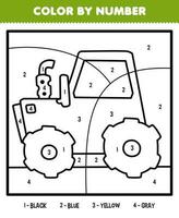 éducation Jeu pour les enfants Couleur par nombre de mignonne dessin animé tracteur ligne art imprimable transport feuille de travail vecteur