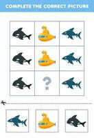 éducation Jeu pour les enfants à choisir et Achevée le correct image de une mignonne dessin animé requin sous-marin ou baleine imprimable sous-marin feuille de travail vecteur