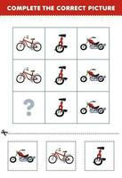 éducation Jeu pour les enfants à choisir et Achevée le correct image de une mignonne dessin animé moto vélo ou monocycle imprimable transport feuille de travail vecteur