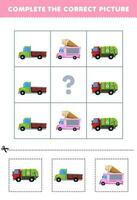 éducation Jeu pour les enfants à choisir et Achevée le correct image de une mignonne dessin animé un camion imprimable transport feuille de travail vecteur