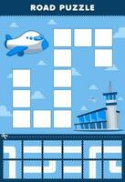 éducation Jeu pour les enfants route puzzle Aidez-moi avion bouge toi à aéroport imprimable transport feuille de travail vecteur