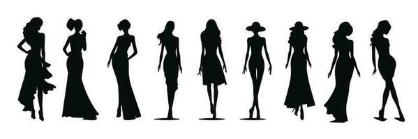 ensemble de femme silhouettes. collection de mode femme modèle silhouette. les filles femme sexy posant ensemble vecteur silhouette. vecteur illustration.