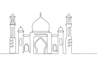 mosquée dans continu ligne art dessin style. silhouette de mosquée, Ramadan Karim. noir linéaire esquisser isolé sur blanc Contexte. vecteur illustration