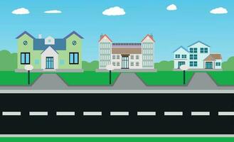 plat vecteur dessin animé style illustration Urbain paysage rue avec voitures, horizon ville Bureau bâtiments, famille Maisons dans petit ville et Montagne avec vert des arbres dans arrière-plan, maison dans le ville.