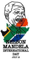 Nelson Mandela international journée. Stock vecteur illustration. contour portrait de une en riant homme contre le Contexte de le drapeau et le contour de Sud Afrique. droits, force, la victoire, égalité