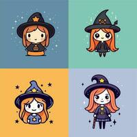 mignonne sorcières chibi les filles kawaii dessin animé Halloween illustration ensemble collection vecteur