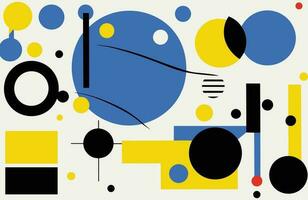 noir et blanc La peinture contient un abstrait conception avec bleu et Jaune cercles, dans le style de de stylet, simple, coloré illustrations, coloré animations, bauhaus inspiré dessins vecteur