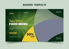 bannière web de marketing de médias sociaux de menu de nourriture de restaurant. vignette vidéo de promotion de vente en ligne de pizza, burger ou hamburger. fond de site de restauration rapide. flyer alimentaire avec logo et icône de l'entreprise. vecteur