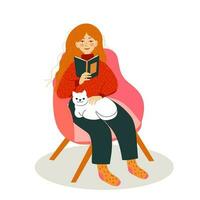 fille dans chaise avec livre et chat. concept conception. magnifique l'automne la nature avec plat Jeune femme vecteur