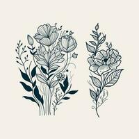 main tiré fleurs bouquet fleurs sauvages ensemble botanique floral feuilles tatouage griffonnage contour dessins esquisser ligne art vecteur illustration