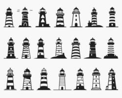 phare silhouette Icônes ensemble logo noir balise lumière océan mer lumière maison nautique Marin silhouettes vecteur illustration