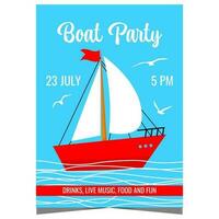 bateau fête vecteur illustration pour conception de promo affiche, bannière ou invitation. yacht fête prospectus avec rouge plaisir bateau voile sur le mer adapté pour amusement un événement pendant été vacances ou vacances.