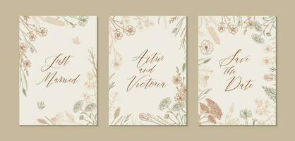 deux côté mariage invitation avec main tiré été herbes. verticale fleurs sauvages conception. vecteur illustration dans esquisser style. Prairie fleurs esthétique Contexte