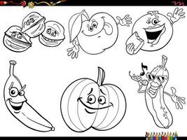 dessin animé fruit et des légumes personnages ensemble coloration page vecteur