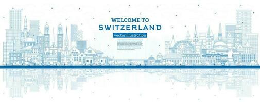 Bienvenue à Suisse. contour ville horizon avec bleu bâtiments. Suisse paysage urbain avec Repères. berne. Bâle. lugano. zurich. Genève. vecteur
