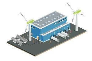 isométrique Distribution la logistique centre avec solaire panneaux avec vent turbines. entrepôt espace de rangement installations avec camions. vecteur