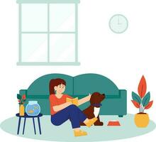 femme avec animaux domestiques relaxant dans le milieu de le maison illustration vecteur