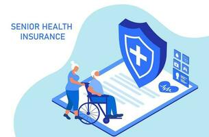 concept d'assurance maladie senior, les personnes âgées en fauteuil roulant achètent une assurance médicale et médicale pour la protection contre les accidents et la santé. vecteur
