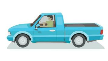 concept vecteur illustration de détaillé côté de une plat bleu ramasser auto. avec ombre de auto. pouvez vue intérieur de voiture avec conducteur. isolé blanc Contexte.