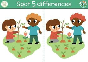 trouver différences jeu. écologique éducatif activité avec mignonne les enfants plantation des arbres. Terre journée puzzle pour des gamins avec marrant personnage. éco conscience ou zéro déchets imprimable feuille de travail ou page vecteur