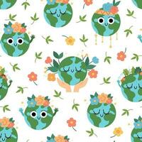 vecteur Terre sans couture modèle pour enfants. Terre journée répéter Contexte avec mignonne kawaii souriant planètes. environnement amical numérique papier avec globe et forêt. écologique concept