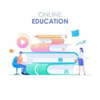 en ligne éducation, une homme et femme personnage apprentissage en ligne et une empiler de livres sur le Contexte. en ligne éducation concept. moderne plat conception vecteur illustration