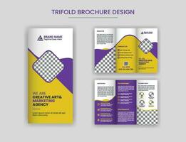 Créatif entreprise affaires à trois volets brochure conception, professionnel tri plier brochure conception disposition avec jaune, violet Couleur pro vecteur. vecteur