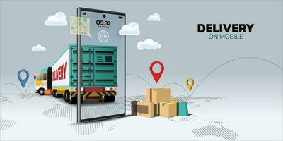 livraison en ligne service, en ligne commande suivi, Accueil livraison. ville logistique entrepôt, camion, courrier, courrier sur mobile vecteur illustration