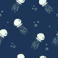 méduse sans couture modèle sur bleu Contexte. Marin la vie avec air bulles . vecteur illustration