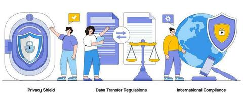 intimité bouclier, Les données transfert règlements, international conformité concept avec personnage. global Les données intimité abstrait vecteur illustration ensemble. transfrontalier Les données les transferts métaphore