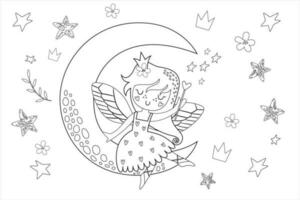mignonne Princesse Fée avec une royaume des fées vecteur dessin animé isolé Conte de fée illustration. coloration livre page pour les enfants avec coloré modèle