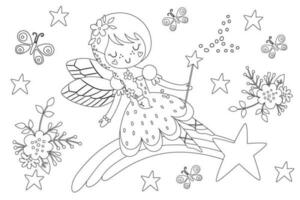 mignonne Princesse Fée avec une étoiles et fleur vecteur dessin animé isolé contes de fées illustration. coloration livre page pour les enfants avec coloré modèle