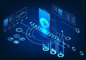 intelligent médical La technologie connecté les smartphones avec La technologie cercles. moderne médical La technologie concepts viens dans à Aidez-moi connaître le point cette Besoins à être guéri plus rapide. vecteur