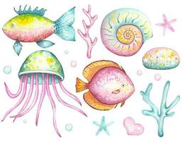 mer ensemble avec une poisson , algues, méduse, coquilles, aquarelle vecteur