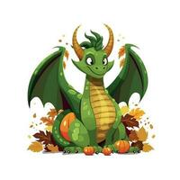 dragon personnage dessin animé. l'automne dragon avec citrouilles et feuilles. symbole de le Nouveau année 2024. vert dragon. vecteur