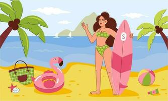 plage scène. une content fille est permanent sur le le sable avec surfant, là sont plage accessoires proche. été vacances à le mer. vecteur illustration