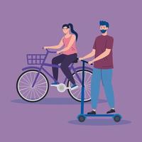 jeune couple, dans, scooter, et, vélo, avatar, caractère, icônes vecteur